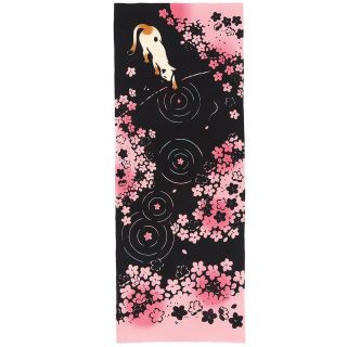 Japonský ručník tenugui s motivem kočky a sakur. Tradiční technika edo čusen. Současný výrobek Tento tenugui je vyroben v...