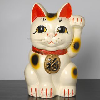 Pravá původní japonská Maneki neko - keramická soška kočky. 27 cm. . (+pokladnička). Vyrobená v Japonsku v 50.–60. letech....